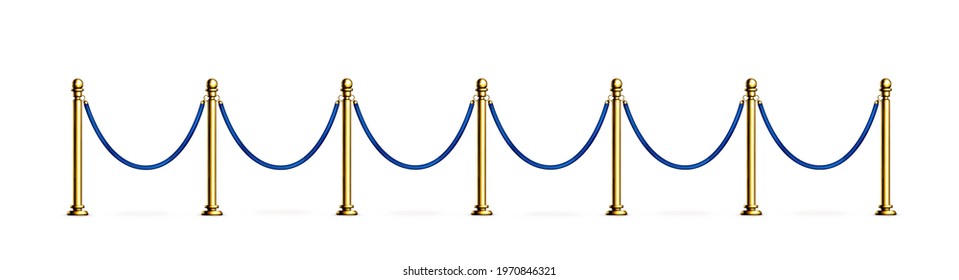 Blue Rope Barrier With Gold Stanchions. Velvet Fence For Entrance To Cinema, Club, Theater And Vip Hall. Vector Realistic Illustration Of 3d Luxury Barrier With Golden Posts For Gallery And Museum