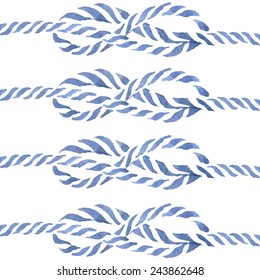 Blue rope knot eight hand drawn watercolor illustration set. Sea style