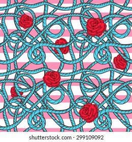 Blue rope seamless pattern with pink,white  lines and red rose.