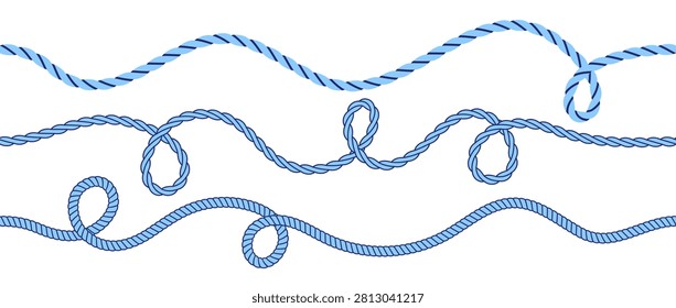 Blue rope wave pattern collection. Repeated squiggle curve thread lace set. Repeating hemp cord motif bundle. Wiggly braid twine plait loops. Bluish tangled chain, wire or yarn string tie pack. Vector
