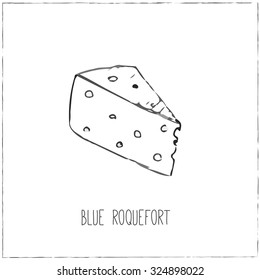 Blue Roquefort. Collection of cheese. Cut sliced cheese assortment. Vector illustration  for design menus, recipes and packages product.