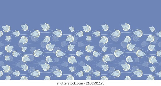 Blue rose buds horizontal rows vines vector seamless border pattern background. Great for all uses