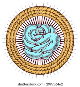 Blue rose in circle of ropes and thorns .White background.
