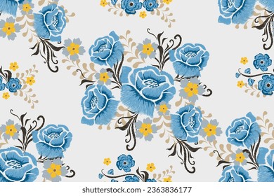 Blue Rose Floral pattern embroidery. Flower bouquet motifs damask rose pattern seamless with Ikat embroidery traditional design. Vector illustration on white background.