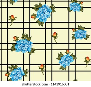 blue rose flower bunches pattern on stripe background