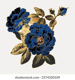 Blue rose flower sticker, isolated vector element. Blue roses floral plant vector. Vintage blue botanical art drawing illustration, old painting art print of blue flower.
