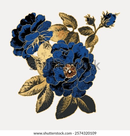 Blue rose flower sticker, isolated vector element. Blue roses floral plant vector. Vintage blue botanical art drawing illustration, old painting art print of blue flower.