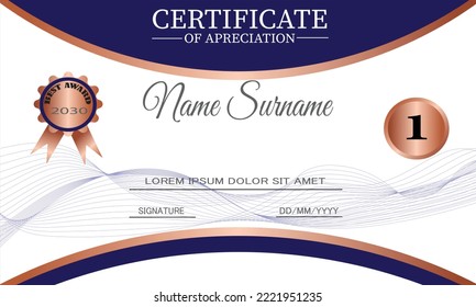 	
blue and  rose gold certificate template. elegant certificate design for achievement and appreciation