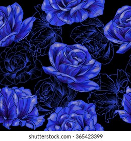 Blue rose on black background .Vector seamless pattern 