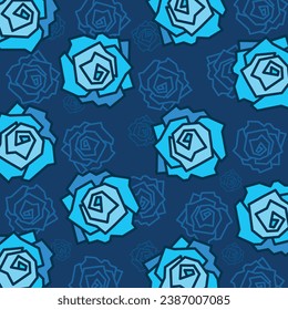 Blue rose petals vector pattern illustration isolated on dark blue square template background. Simple flat minimalist cartoon art styled drawings.