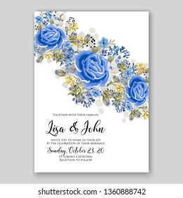 Blue rose ranunculus Peony wedding invitation card template greenery