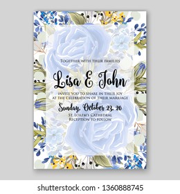 Blue rose ranunculus Peony wedding invitation card template greenery