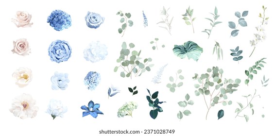 Blue rose and sage green eucalyptus, ivory peony, magnolia, dusty blue hydrangea, ranunculus flowers vector collection. Floral pastel watercolor wedding set. All elements are isolated and editable 库存矢量图