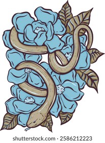 Blue Rose and Serpent Hand-Drawn Tattoo Design