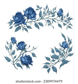 Blue Rose Watercolor Floral Arrangement Set for Wedding Invitation Ornament.
