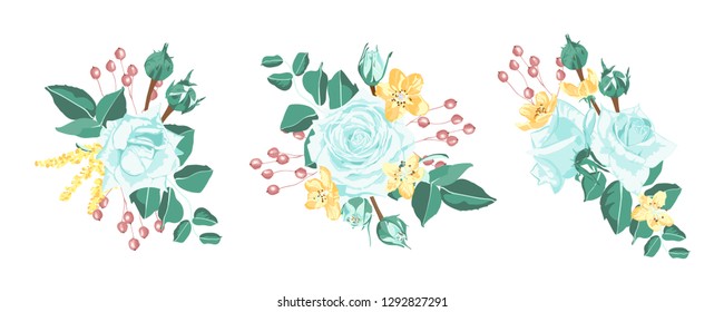 Blue Roses Bouquet Collection, Rustic Wedding Design. Vintage Floral Illustration for Elegant Decoration. Vector Spring Flowers Bouquet, Watercolor Roses. Retro Wreath of Roses and Wedding Elements.