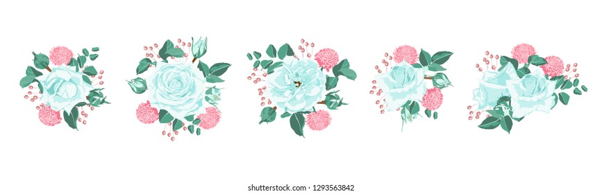 Blue Roses Bouquet Collection, Rustic Wedding Design. Vintage Floral Illustration for Elegant Decoration. Vector Spring Flowers Bouquet, Watercolor Roses. Retro Wreath of Roses and Wedding Elements.