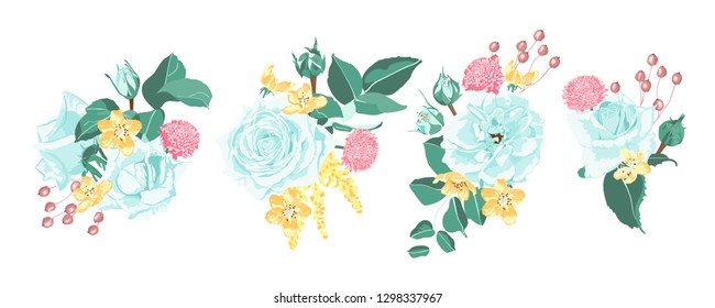 Blue Roses Bouquet Collection, Rustic Wedding Design. Vintage Floral Illustration for Elegant Decoration. Vector Spring Flowers Bouquet, Watercolor Roses. Retro Wreath of Roses and Wedding Elements.