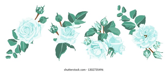 Blue Roses Bouquet Collection, Rustic Wedding Design. Vintage Floral Illustration for Elegant Decoration. Vector Spring Flowers Bouquet, Watercolor Roses. Retro Wreath of Roses and Wedding Elements.