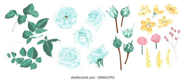 Blue Roses Bouquet Collection, Rustic Wedding Design. Vintage Floral Illustration for Elegant Decoration. Vector Spring Flowers Bouquet, Watercolor Roses. Retro Wreath of Roses and Wedding Elements.
