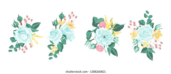 Blue Roses Bouquet Collection, Rustic Wedding Design. Vintage Floral Illustration for Elegant Decoration. Vector Spring Flowers Bouquet, Watercolor Roses. Retro Wreath of Roses and Wedding Elements.