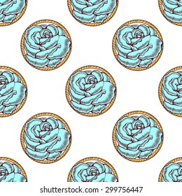 Blue roses in circle of ropes.Seamless pattern.White background.