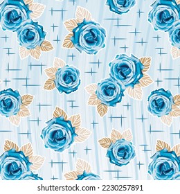Blue Roses and decorative lines on watercolor brush background