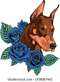 blue roses with dobermann dog vector illustration