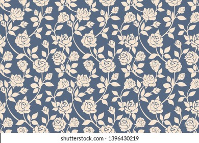 Blue roses floral seamless pattern. Drawing beige roses flowers on navy background vector delicate seamless wallpaper