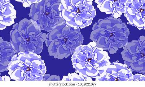 Blue Roses, Flowers Pattern, Vintage Style. Watercolor Wedding Print for Fabric, Textile. Blue Seamless Peony or Rose Flowers, Vector Illustration. Rustic Art Retro Design. Feminine Flower Background.