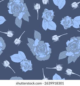 Blue Roses With Leaves and Buds. Monochromatic Flowers on Blue Background. Vector Seamless Pattern