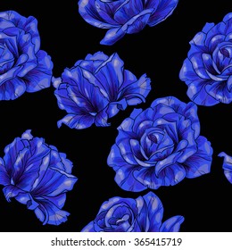 Blue roses on a black background.Vector seamless pattern 