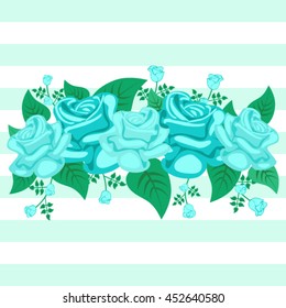 Blue roses on mint and white horizontal  stripes pattern