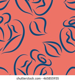 blue roses on a red background, pattern, vector illustration