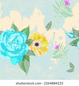 Blue roses on soft background, abstract drawings, style flowers. Seamless for printing, for fabric and paper.