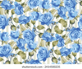 Blue Roses on Stripes Pattern