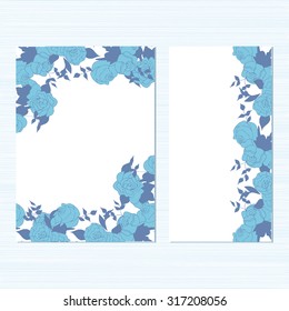 Blue roses on a white background. Template. Set. Sketch. Invitation to the wedding, birthday card, anniversary, Valentine's Day.