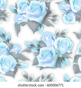 Blue roses, peony with leaves white. Quality watercolor imitation. Seamless background pattern. Vector - stock.