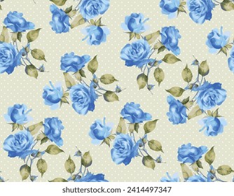 Blue Roses Scattered on Swiss Dots Pattern