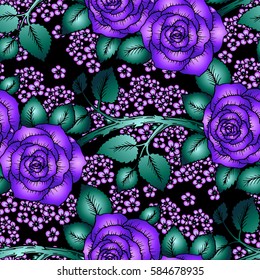 Blue roses spring cool seamless pattern. Hand-drawn sketch roses with cute little flowers. Soft pastel colors, perfect backdrop for greeting or invitation card, wedding decorations or textile design.