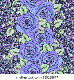 Blue roses spring cool seamless pattern. Hand-drawn sketch roses with cute little flowers. Soft pastel colors, perfect backdrop for greeting or invitation card, wedding decorations or textile design.