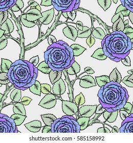 Blue roses spring cool seamless pattern. Hand-drawn sketch roses with cute little flowers. Soft pastel colors, perfect backdrop for greeting or invitation card, wedding decorations or textile design.