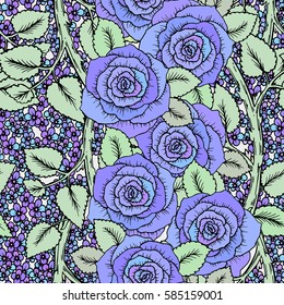 Blue roses spring cool seamless pattern. Hand-drawn sketch roses with cute little flowers. Soft pastel colors, perfect backdrop for greeting or invitation card, wedding decorations or textile design.