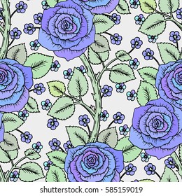 Blue roses spring cool seamless pattern. Hand-drawn sketch roses with cute little flowers. Soft pastel colors, perfect backdrop for greeting or invitation card, wedding decorations or textile design.
