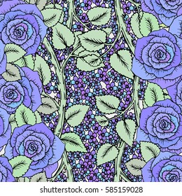 Blue roses spring cool seamless pattern. Hand-drawn sketch roses with cute little flowers. Soft pastel colors, perfect backdrop for greeting or invitation card, wedding decorations or textile design.