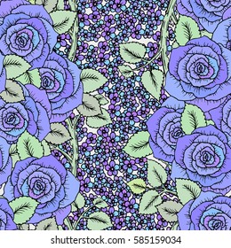 Blue roses spring cool seamless pattern. Hand-drawn sketch roses with cute little flowers. Soft pastel colors, perfect backdrop for greeting or invitation card, wedding decorations or textile design.