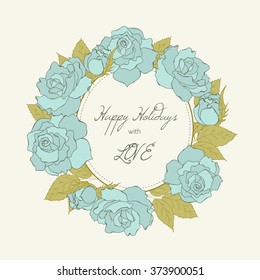 Blue roses wreath. Vector design element. Greeting card.
