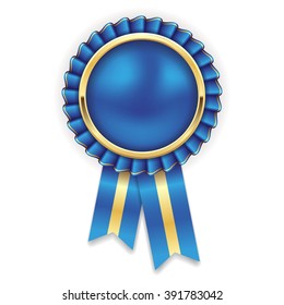 Blue Rosette, Badge With Gold Border And Ribbon On White Background