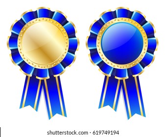 Blue rosette, badge with gold border, ribbon and golden laurel wreath isolated on white background