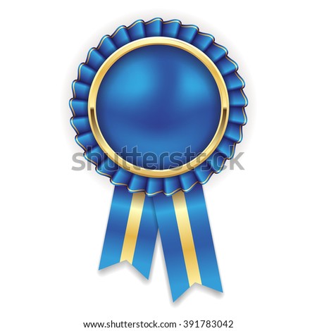 Blue rosette, badge with gold border and ribbon on white background